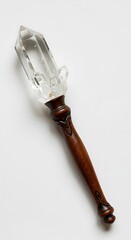 Clear quartz crystal wand with wooden handle
