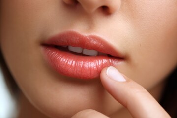Woman touching her lips with lip gloss makeup beauty shot