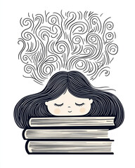 Illustration of girl with flowing hair resting on stack of books, with whimsical lines representing thoughts and creativity