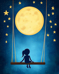 Dreamy illustration of child sitting alone on swing under large moon surrounded by stars, evoking sense of wonder and tranquility