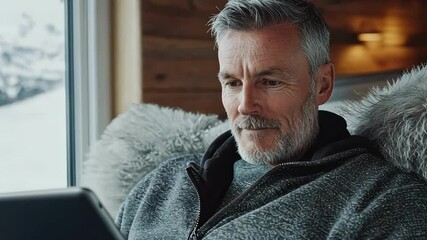 One mature man uses tablet relaxing indoors near window with mountain view, leisure, technology, lifestyle. - Powered by Adobe