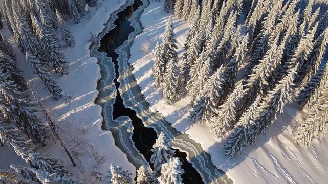 Frozen River in Winter Forest: An aerial view of a frozen river snaking through a snow-covered forest, creating a stunning contrast between the dark water and the white landscape.