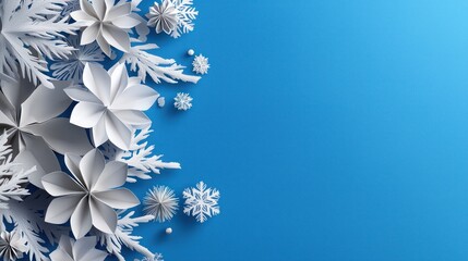 Winter paper flowers border, blue background, holiday greeting card design