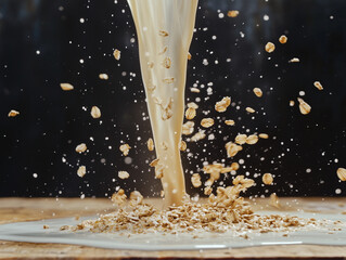 Pouring oat milk with falling flakes onto wood surface closeup shot