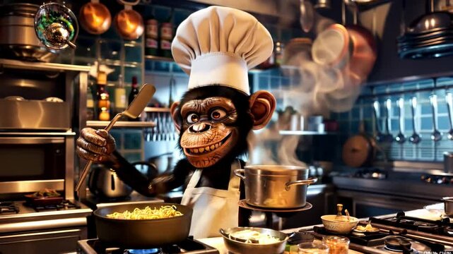 A skilled monkey chef cooking with flair, wearing a hat and apron in a vibrant kitchen.