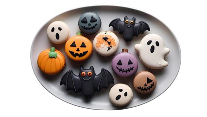 A delightful assortment of Halloween-themed macarons arranged on an oval white plate, set against a clean white background.