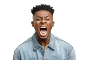 PNG Expressive young african male shouting in denim jacket against black background