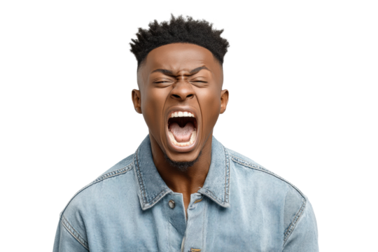 PNG Expressive young african male shouting in denim jacket against black background