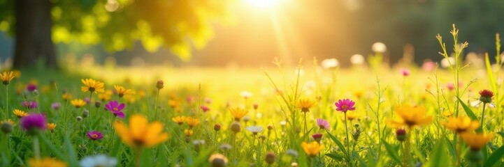 Fototapeta premium Sunlit meadow, wildflowers in bloom, copy space above , sun, serenity, rural