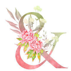 & – Watercolor ampersand (&) symbol with elegant floral arrangement. Perfect as a decorative element in typographic compositions.