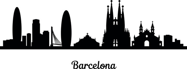 Barcelona skyline silhouette featuring iconic landmarks on white background. Vector illustration