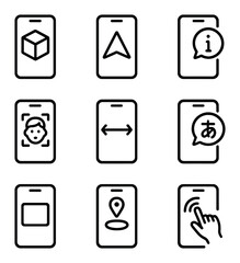 Augmented Reality Icons. Outline icon set of augmented reality features: 3D object overlay, navigation arrow, information tag,
