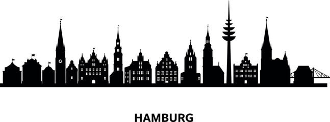 Fototapeta premium Hamburg city skyline silhouette - iconic landmarks and tower in black and white for design use. Vector illustration