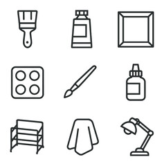 Acrylic Painting Essentials Icons. Outline icon set of acrylic painting essentials: flat brush,