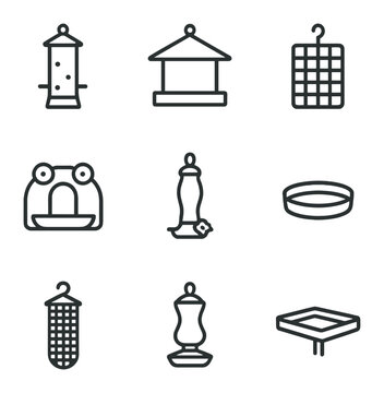 Bird Feeder Icons. Outline icon set of bird feeders & stations: tube feeder, platform feeder, suet feeder, window feeder,
