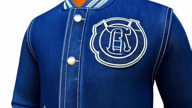 Blue jacket featuring a white logo on the front and a gold button, inspired by the Legend of Zeo.