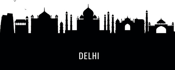 Obraz premium Delhi cityscape silhouette featuring iconic landmarks on white background for design and decoration. Vector illustration