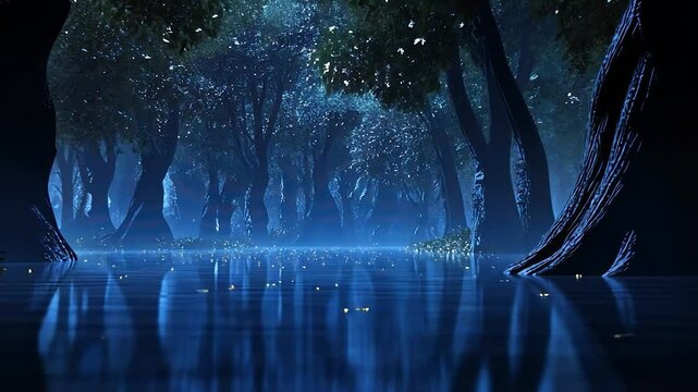 Mystical night forest reflected in water