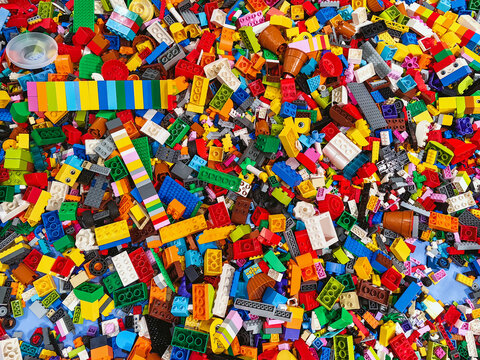 NAKHON PATHOM,THAILAND - JANUARY 17 ,2025 : Top view A pile of multicolor of many Lego toy blocks in various shapes and different sizes at Central salaya. Toys and games. Leisure and recreation.