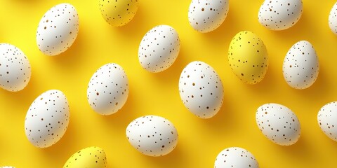 Colorful speckled eggs scattered on a vibrant yellow background for a festive celebration