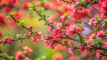 Wavy branches with small leaves and a pinkish-red flower and buds, floral design, garden,  floral design