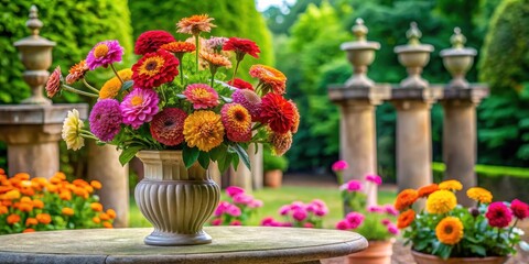 Colorful zinnia flowers arranged in a elegant vase on a formal garden table surrounded by ornate stone pillars and lush greenery , formal garden, elegance