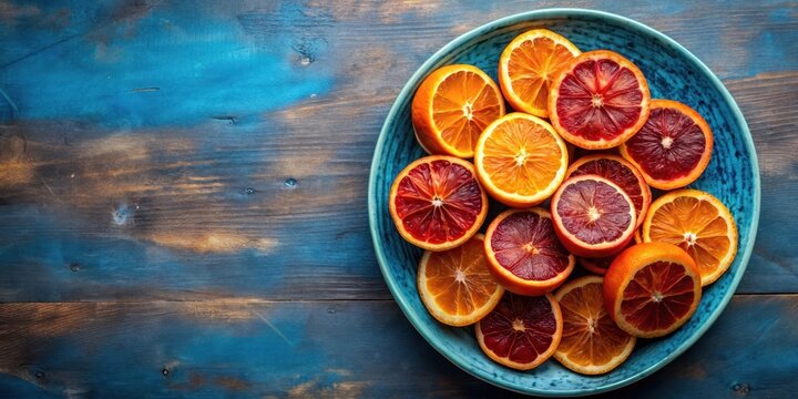 Whole sliced Sicilian oranges placed closely together on a blue plate, citrus, sliced,  citrus, sliced, orange, still life - Powered by Adobe