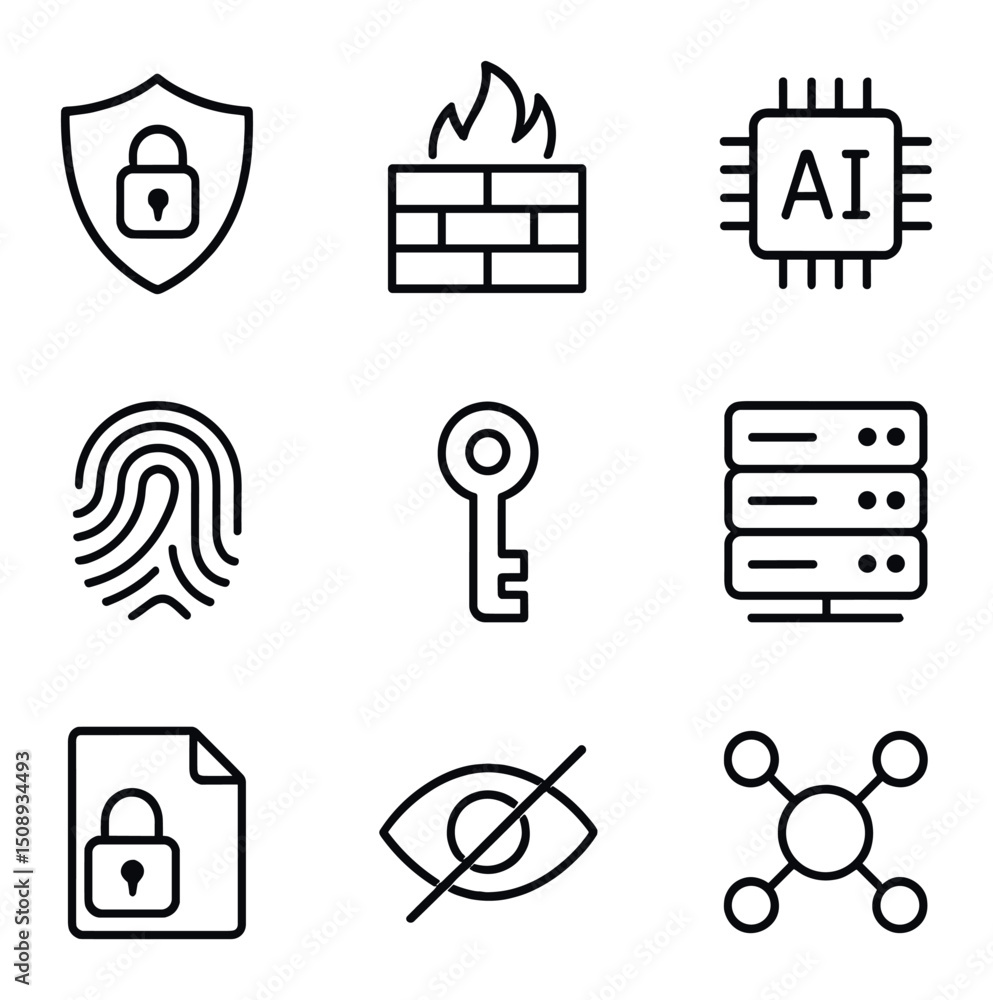 Poster data security icons. outline icon set of data security ai: shield with lock, firewall, ai chip, fing