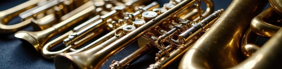 Naklejka premium Close-up view of various wind and brass instruments, neatly arranged , detail, musical, group