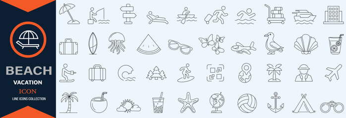 Summer Vacation Editable Icons set. Vector illustration in modern thin line style of travel related icons sea, surfing, beach, hotel, and more. Pictograms and infographics fo