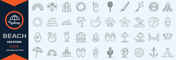 Summer Vacation Editable Icons set. Vector illustration in modern thin line style of travel related icons sea, surfing, beach, hotel, and more. Pictograms and infographics fo