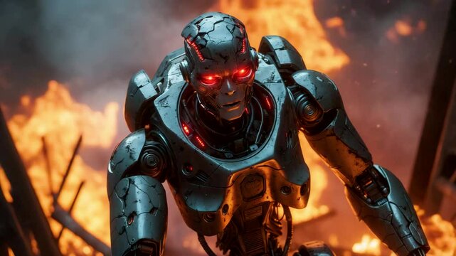 Menacing Robotic Warrior Standing in Fire and Smoke After Battle with Glowing Red Eyes