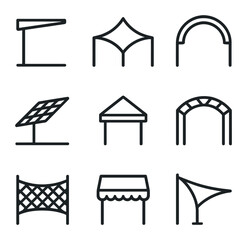 Architectural Shade Icons. Outline icon set of architectural shade structures: cantilever canopy,