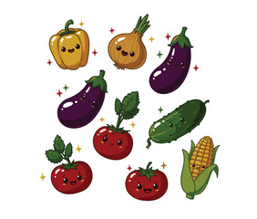 Adorable Kawaii Vegetables Cartoon Illustration of Cute Tomatoes, Peppers, Eggplants, Onions, Cucumbers and Corn