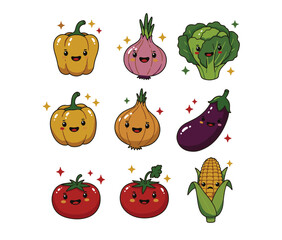 Adorable Cartoon Vegetables Bell Pepper, Onion, Broccoli, Eggplant, Tomato, Corn Illustration