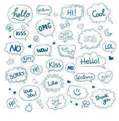 Collection of hand drawn think and talk speech bubbles with love message 