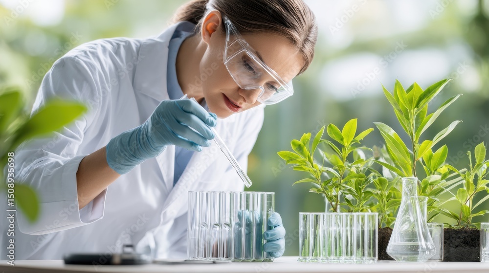Poster a scientist in a lab coat examines plants using a pipette and test tubes, focusing on botanical rese