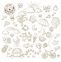 Hand drawn cute doodles for decoration on white background
