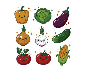 Adorable Kawaii Vegetable Illustrations  Cute Cartoon Peppers, Cabbage, Eggplant, Onion, Garlic, Cucumber, Tomato, and Corn