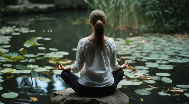 A Serene Moment of Mindfulness and Meditation by a Tranquil Pond Surrounded by Lush Greenery and Peaceful Lily Pads, Perfect for Relaxation and Inner Reflection