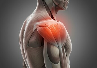Medical diagram focusing on shoulder injury, highlighting affected area with red pulsating effect.