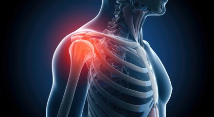 Detailed medical graphic of shoulder anatomy highlighting inflamed region with red pulsation.