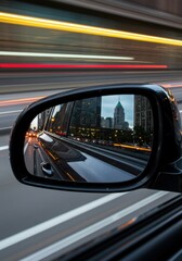 Obraz premium The side mirror of a car frames a fleeting image of city streets and traffic, hinting at a journey in progress.