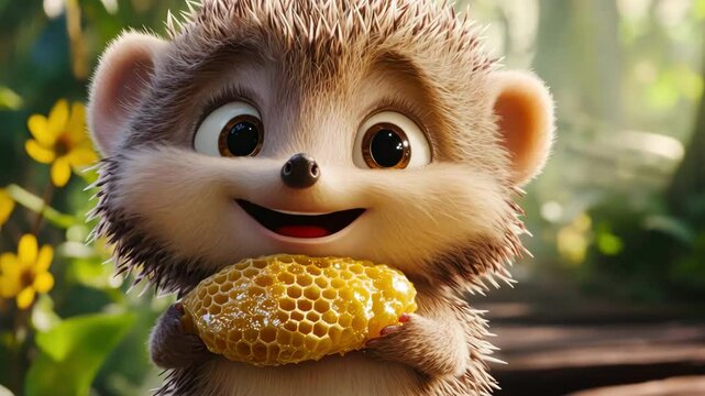 Cute hedgehog character holding honeycomb in forest, looking happy. Cartoon animation, nature.