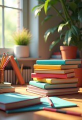 colorful stacked books surrounded bright school supplies art supplies stationery workspace learning study organization, pen, pencil, notebook, marker