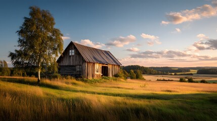 Obraz premium Weathered Barn on Golden Field at Sunset with Distant Forest in Rural Scenery