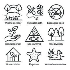 Biodiversity Protection Icons. Outline icon set of biodiversity protection: wildlife corridor,