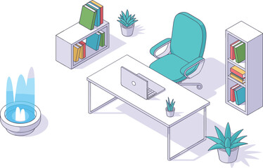 "Modern office workspace with ergonomic chair, laptop on desk, potted plants, bookshelves, and decorative water fountain in minimal isometric vector illustration"

flat vector illustration