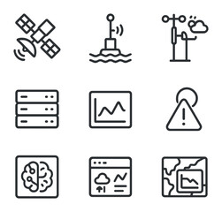 Climate Monitoring Icons. Outline icon set of climate data and monitoring: satellite, remote sensor buoy, weather station, data