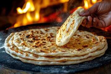 Hand Grabbing Freshly Cooked Flatbread Near Open Flame